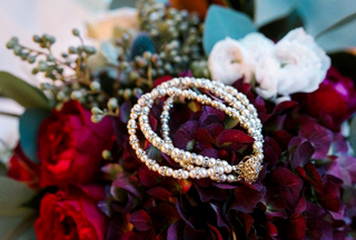 Bridal triple strand pearl and Swarovski aurora borealis crystal bracelet