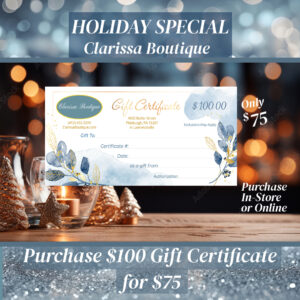 Clarissa Boutique Holiday Special Gift Certificate 100.00 certificate on sale for 75.00 image with holiday lights and candles and wood background